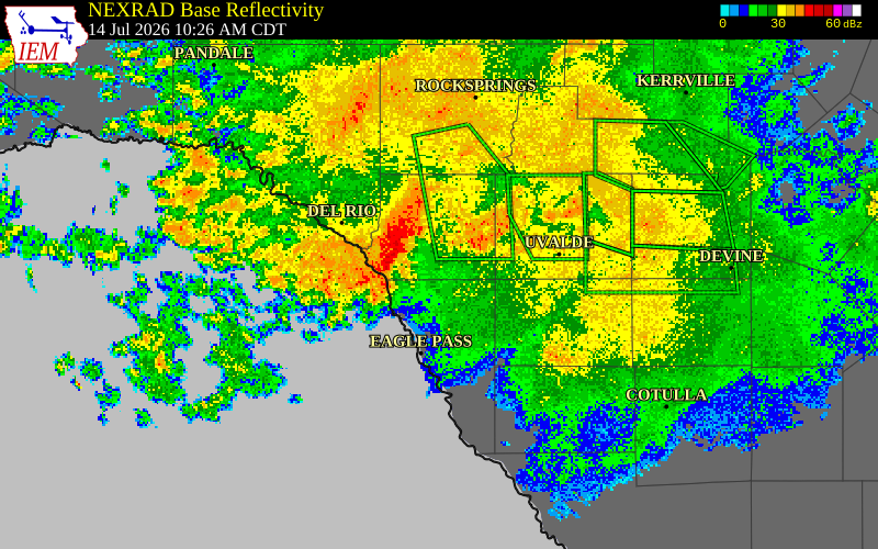 NEXRAD radar during the Tuesday, July 14, 2026 storm activity in Maverick County, Texas