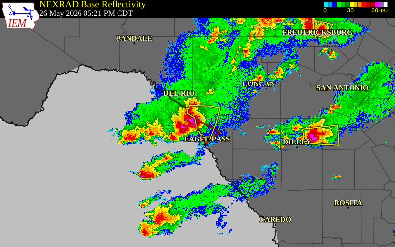 Radar snapshot during the May 26, 2026 tornado event near 5 N Quemado, Maverick County, Texas, with NWS warning polygons