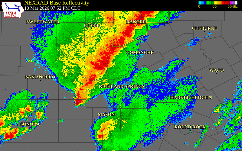 NEXRAD radar during the Tuesday, March 10, 2026 storm activity in McCulloch County, Texas