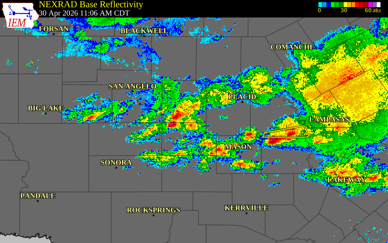 NEXRAD radar during the Thursday, April 30, 2026 storm activity in McCulloch County, Texas