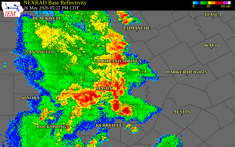NEXRAD radar during the Tuesday, May 26, 2026 storm activity in McCulloch County, Texas