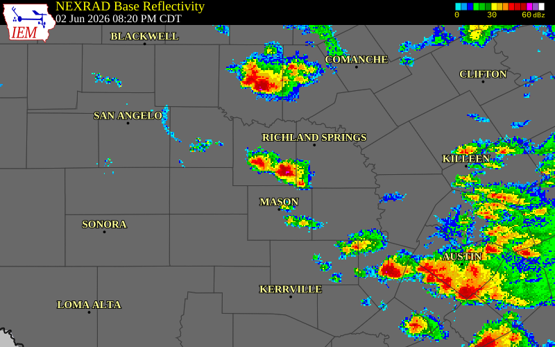 NEXRAD radar during the Tuesday, June 2, 2026 storm activity in McCulloch County, Texas