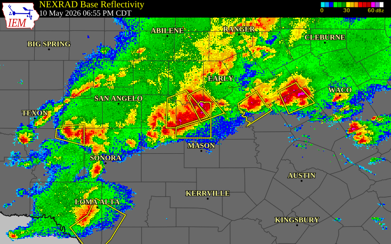 Radar snapshot during the May 10, 2026 wind event near 3 NNE Brady, McCulloch County, Texas, with NWS warning polygons