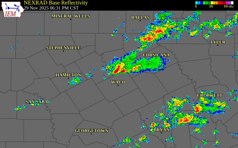 NEXRAD radar during the Saturday, November 29, 2025 storm activity in McLennan County, Texas