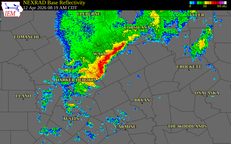 NEXRAD radar during the Sunday, April 12, 2026 storm activity in McLennan County, Texas