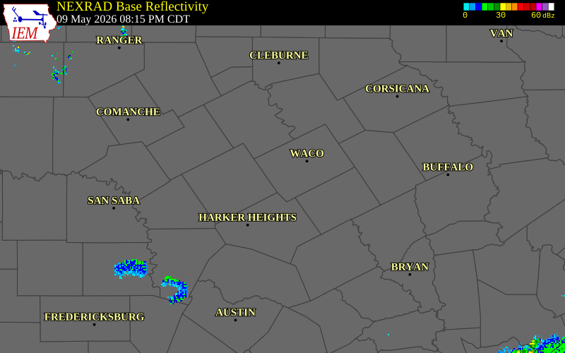 NEXRAD radar during the Saturday, May 9, 2026 storm activity in McLennan County, Texas