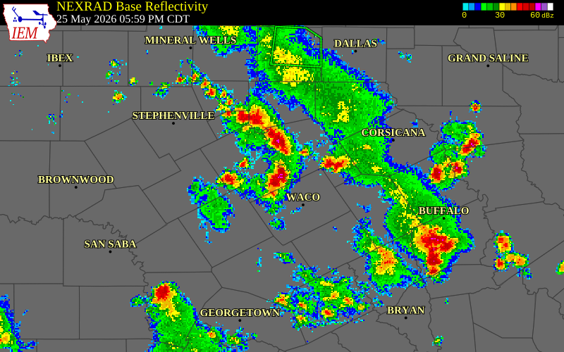 NEXRAD radar during the Monday, May 25, 2026 storm activity in McLennan County, Texas