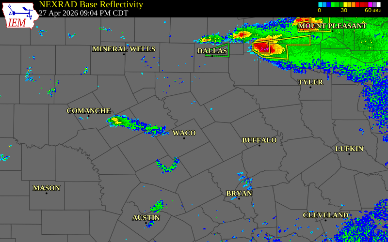 Radar snapshot during the Apr 27, 2026 hail event near 3 ENE West, McLennan County, Texas, with NWS warning polygons