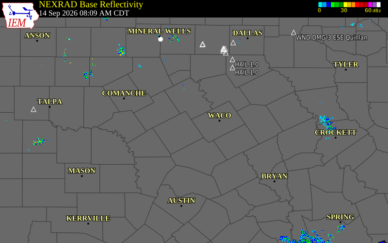 Current NEXRAD radar over McLennan County, Texas with recent storm report locations