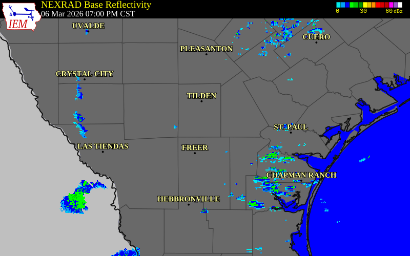 NEXRAD radar during the Friday, March 6, 2026 storm activity in McMullen County, Texas