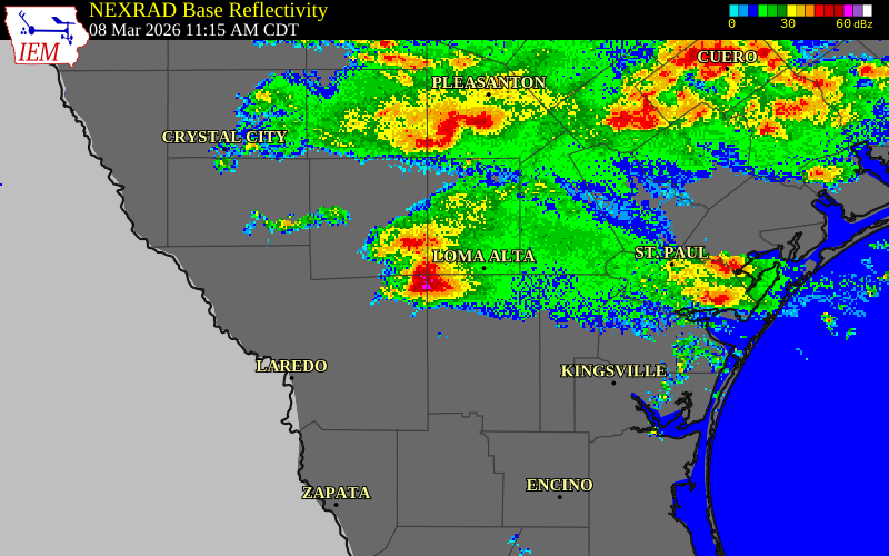 NEXRAD radar during the Sunday, March 8, 2026 storm activity in McMullen County, Texas