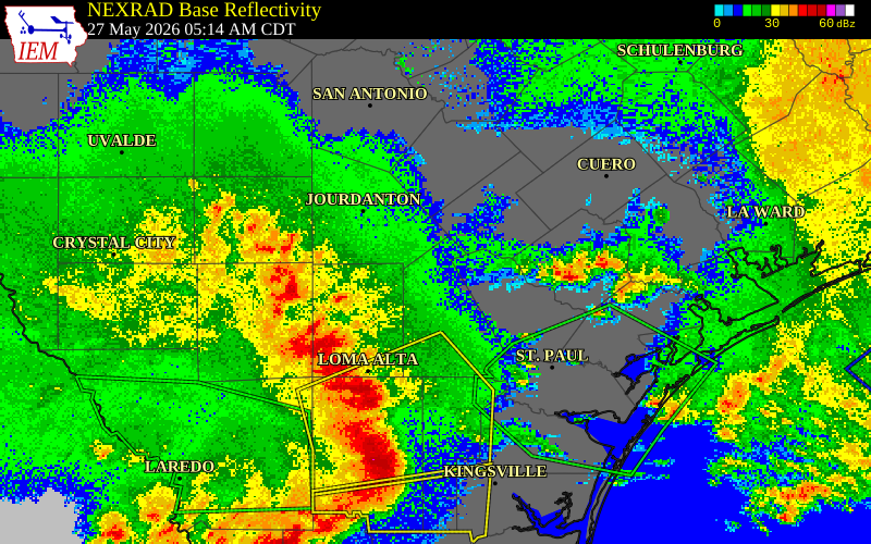 NEXRAD radar during the Wednesday, May 27, 2026 storm activity in McMullen County, Texas