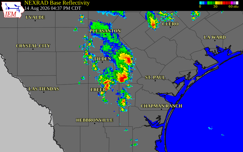 NEXRAD radar during the Friday, August 14, 2026 storm activity in McMullen County, Texas