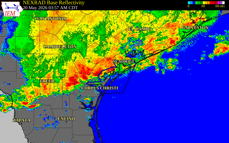 Radar snapshot during the May 20, 2026 wind event near McMullen County, McMullen County, Texas, with NWS warning polygons