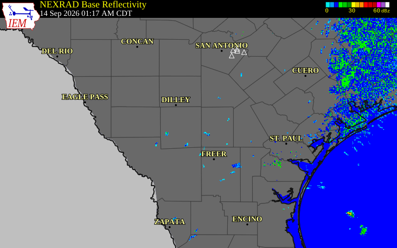Current NEXRAD radar over McMullen County, Texas with recent storm report locations