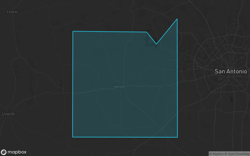 Map of Medina County, Texas showing the county boundary and surrounding cities