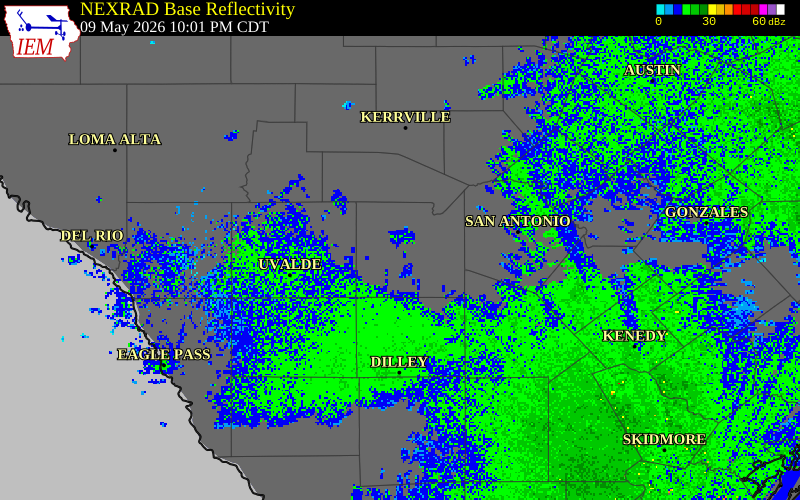 NEXRAD radar during the Saturday, May 9, 2026 storm activity in Medina County, Texas