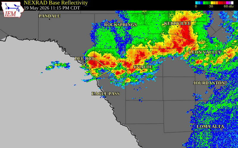 NEXRAD radar during the Tuesday, May 19, 2026 storm activity in Medina County, Texas
