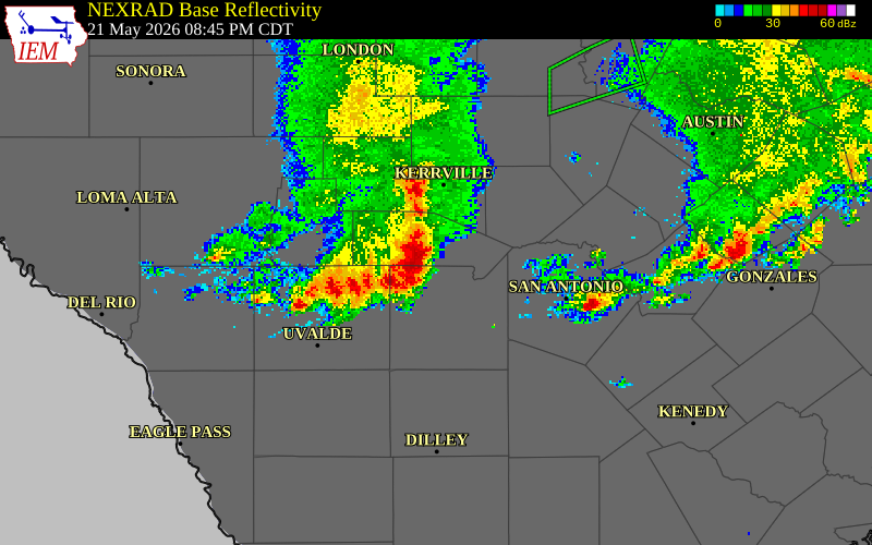 NEXRAD radar during the Thursday, May 21, 2026 storm activity in Medina County, Texas