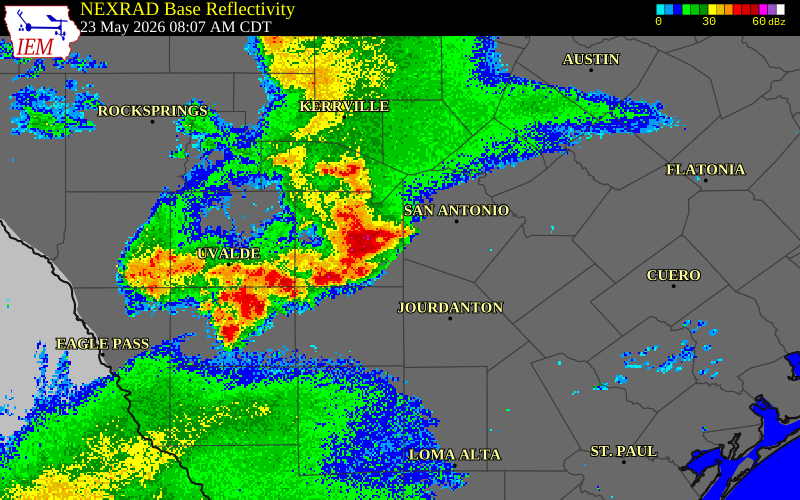 NEXRAD radar during the Saturday, May 23, 2026 storm activity in Medina County, Texas