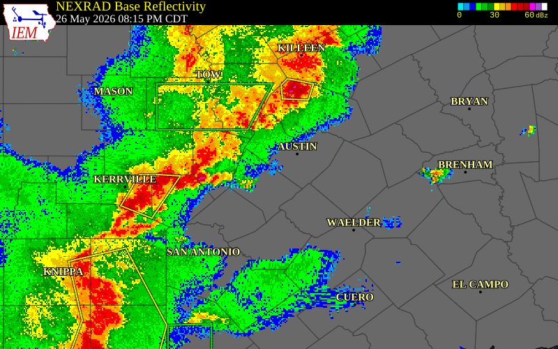 NEXRAD radar during the Tuesday, May 26, 2026 storm activity in Medina County, Texas