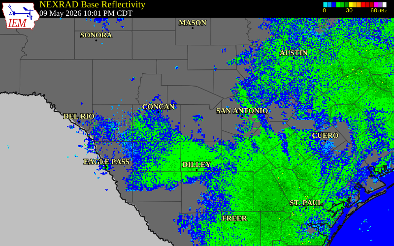Radar snapshot during the May 9, 2026 wind event near 2 WNW Hondo, Medina County, Texas, with NWS warning polygons