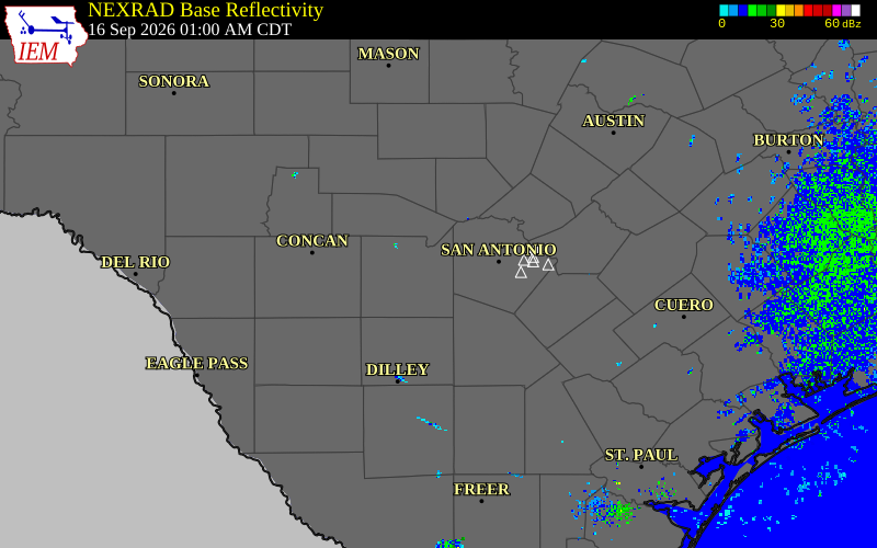 Current NEXRAD radar over Medina County, Texas with recent storm report locations