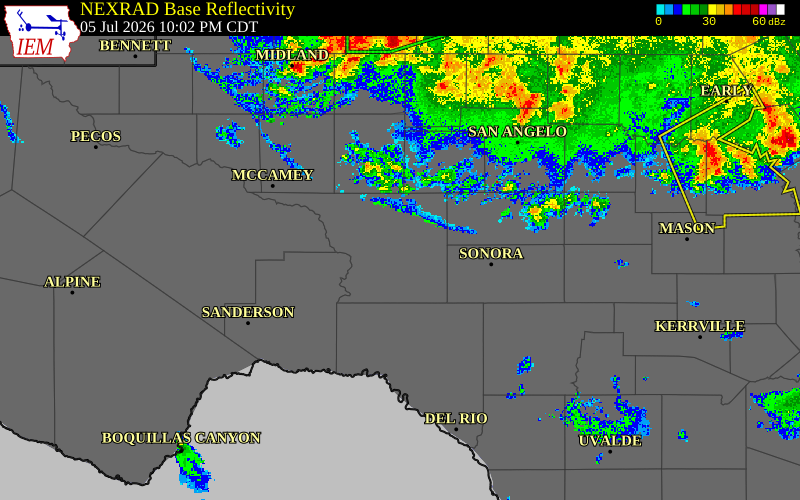 Radar snapshot during the Jul 5, 2026 wind event near Menard County, Menard County, Texas, with NWS warning polygons