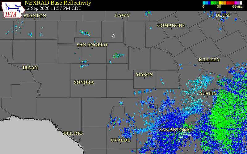 Current NEXRAD radar over Menard County, Texas with recent storm report locations