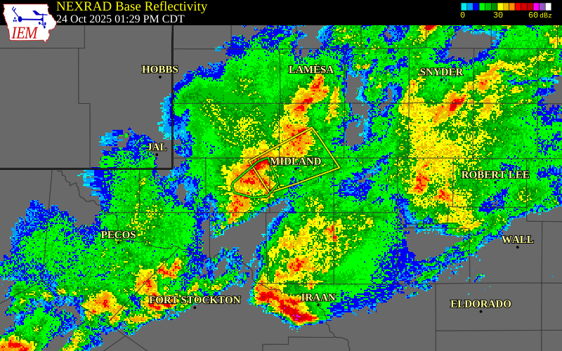 NEXRAD radar during the Friday, October 24, 2025 storm activity in Midland County, Texas