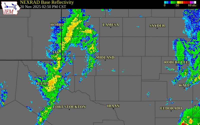NEXRAD radar during the Thursday, November 20, 2025 storm activity in Midland County, Texas