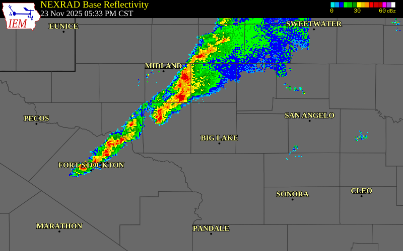 NEXRAD radar during the Sunday, November 23, 2025 storm activity in Midland County, Texas