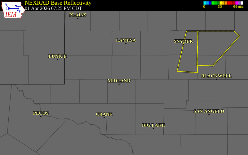 NEXRAD radar during the Wednesday, April 1, 2026 storm activity in Midland County, Texas