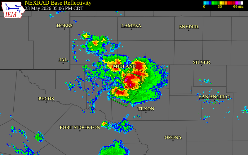 NEXRAD radar during the Saturday, May 23, 2026 storm activity in Midland County, Texas