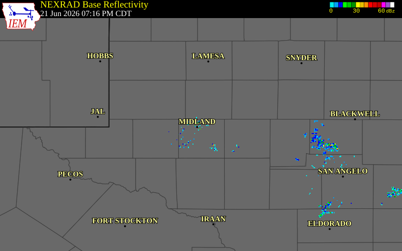 NEXRAD radar during the Sunday, June 21, 2026 storm activity in Midland County, Texas