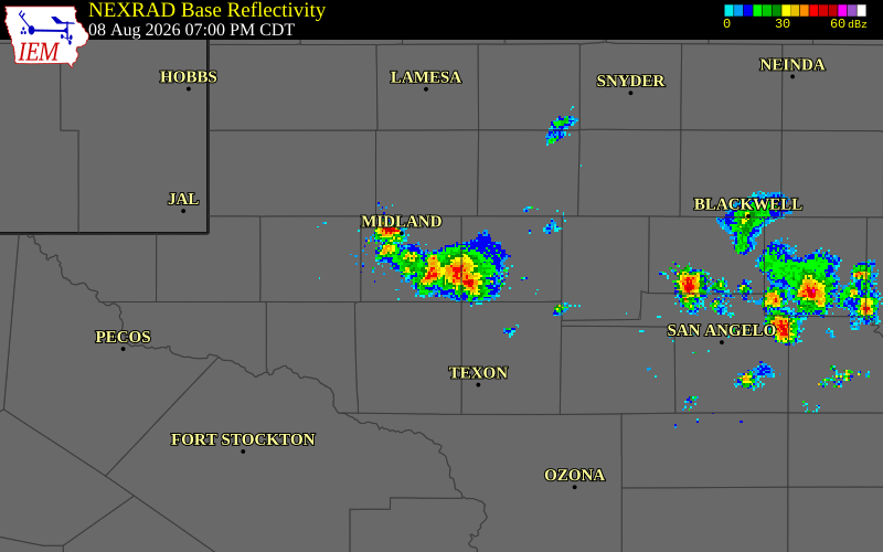 NEXRAD radar during the Saturday, August 8, 2026 storm activity in Midland County, Texas