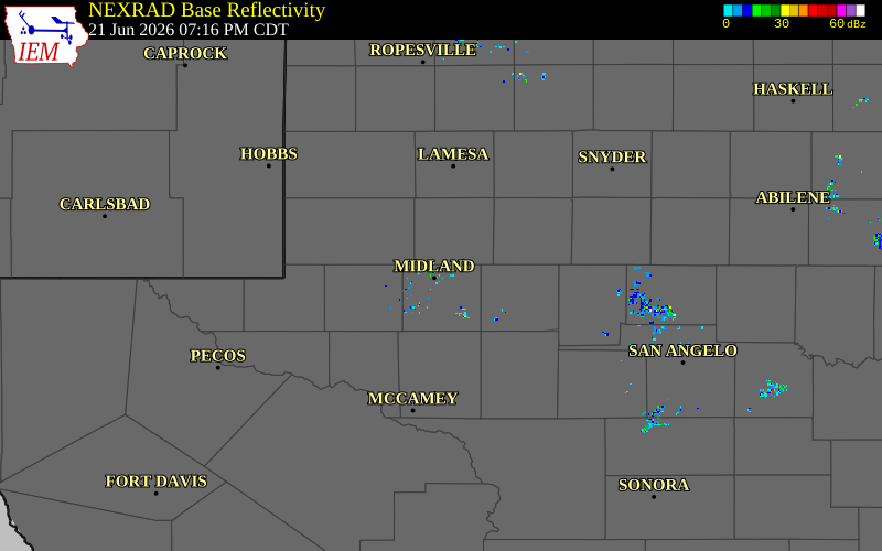 Radar snapshot during the Jun 21, 2026 hail event near 3 E Midland, Midland County, Texas, with NWS warning polygons
