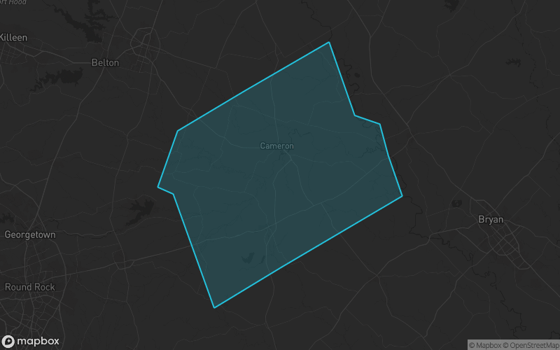 Map of Milam County, Texas showing the county boundary and surrounding cities