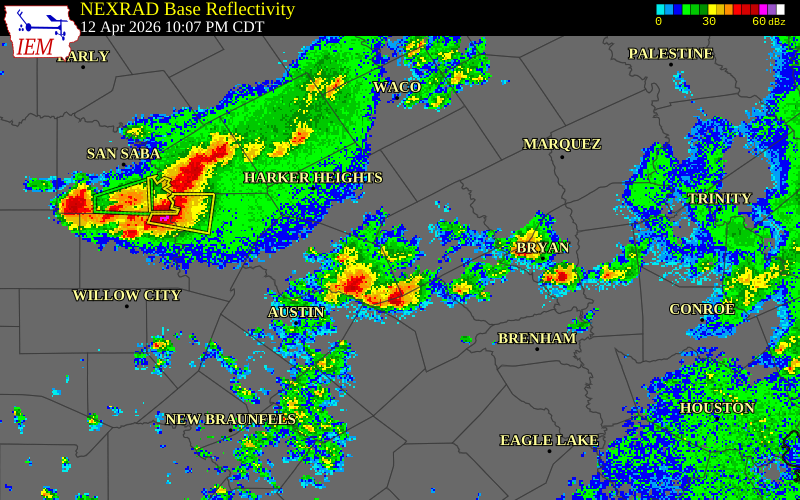 NEXRAD radar during the Sunday, April 12, 2026 storm activity in Milam County, Texas