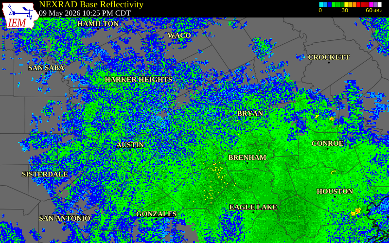 NEXRAD radar during the Saturday, May 9, 2026 storm activity in Milam County, Texas