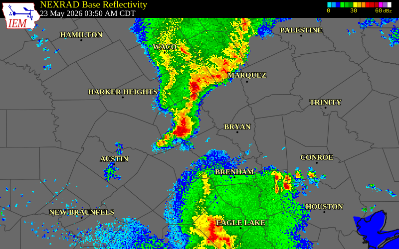 NEXRAD radar during the Saturday, May 23, 2026 storm activity in Milam County, Texas