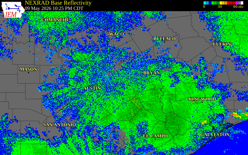 Radar snapshot during the May 9, 2026 hail event near 1 S Rockdale, Milam County, Texas, with NWS warning polygons