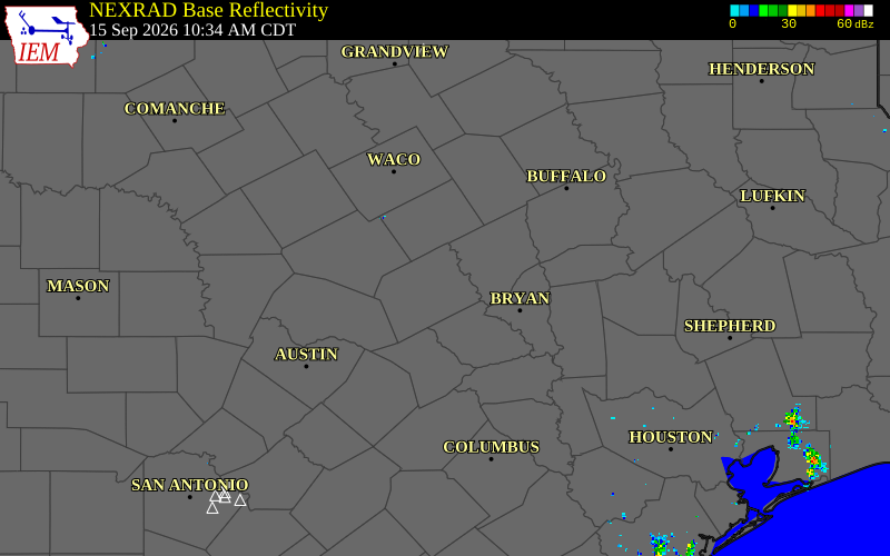 Current NEXRAD radar over Milam County, Texas with recent storm report locations