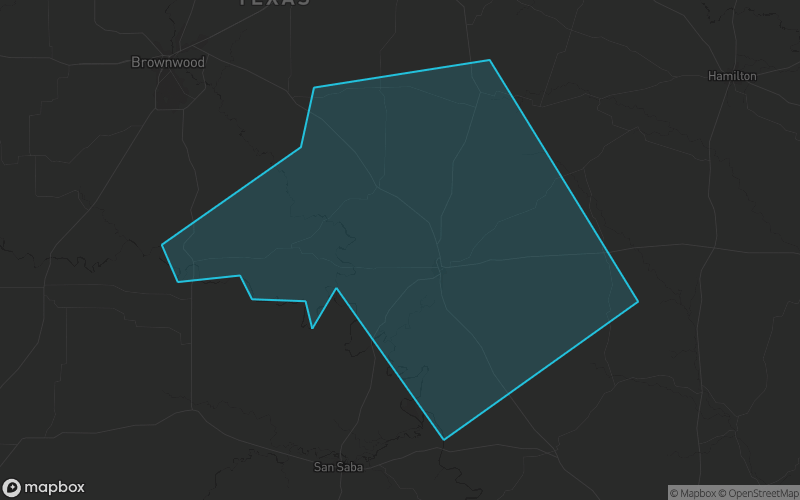 Map of Mills County, Texas showing the county boundary and surrounding cities