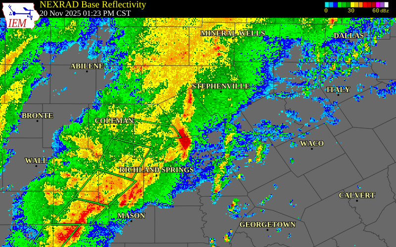NEXRAD radar during the Thursday, November 20, 2025 storm activity in Mills County, Texas