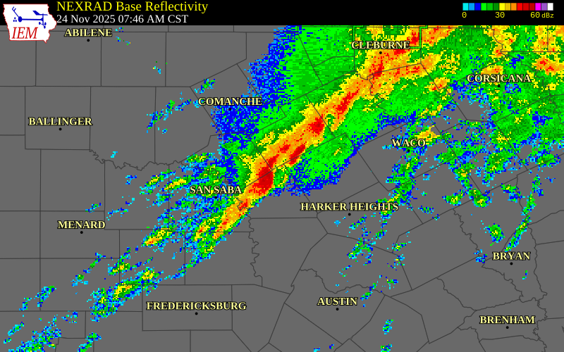 NEXRAD radar during the Monday, November 24, 2025 storm activity in Mills County, Texas