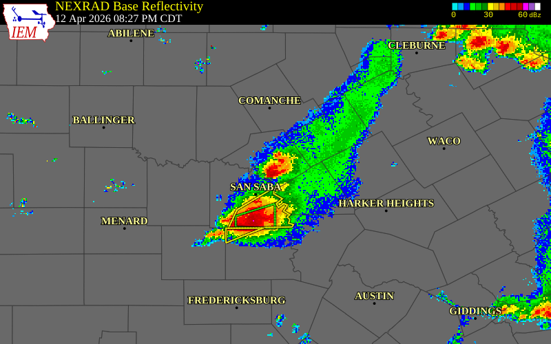 NEXRAD radar during the Sunday, April 12, 2026 storm activity in Mills County, Texas