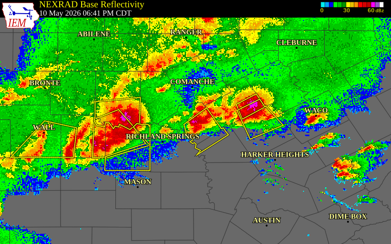 NEXRAD radar during the Sunday, May 10, 2026 storm activity in Mills County, Texas