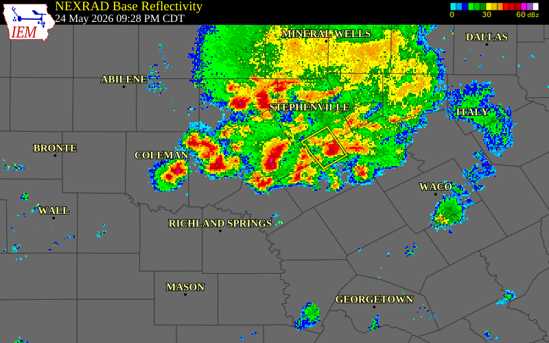NEXRAD radar during the Sunday, May 24, 2026 storm activity in Mills County, Texas