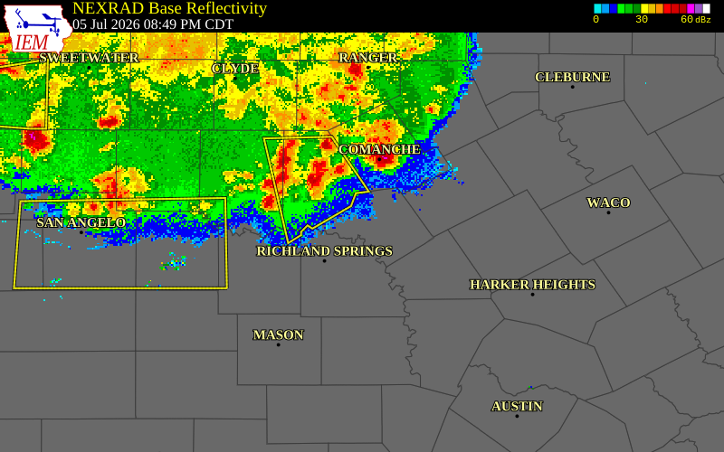 NEXRAD radar during the Sunday, July 5, 2026 storm activity in Mills County, Texas